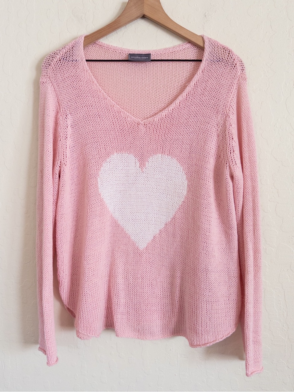 Wooden Ships Cotton Open Knit Heart Graphic V-Neck Sweater S/M Pink White Boho